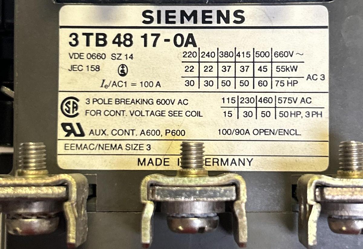 Used SIEMENS,3TB4817-0A,CONTACTOR SIZE 3 600V 3P