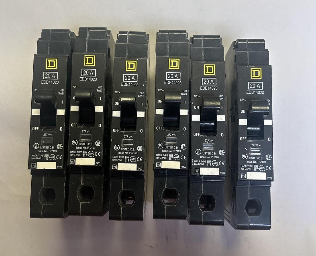 Used SQUARE D,EDB14020,CIRCUIT BREAKER 20A 277V 1P LOT OF 6