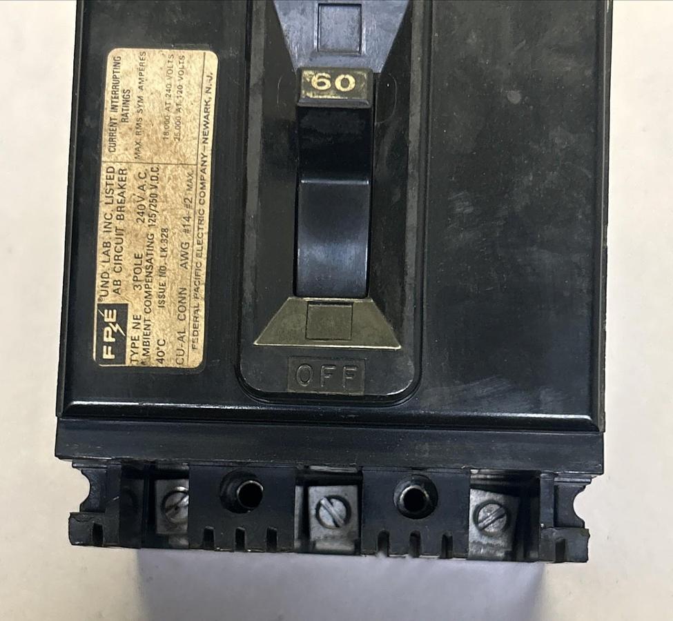 Used FEDERAL PACIFIC,NE360,CIRCUIT BREAKER 60A 240V 3P