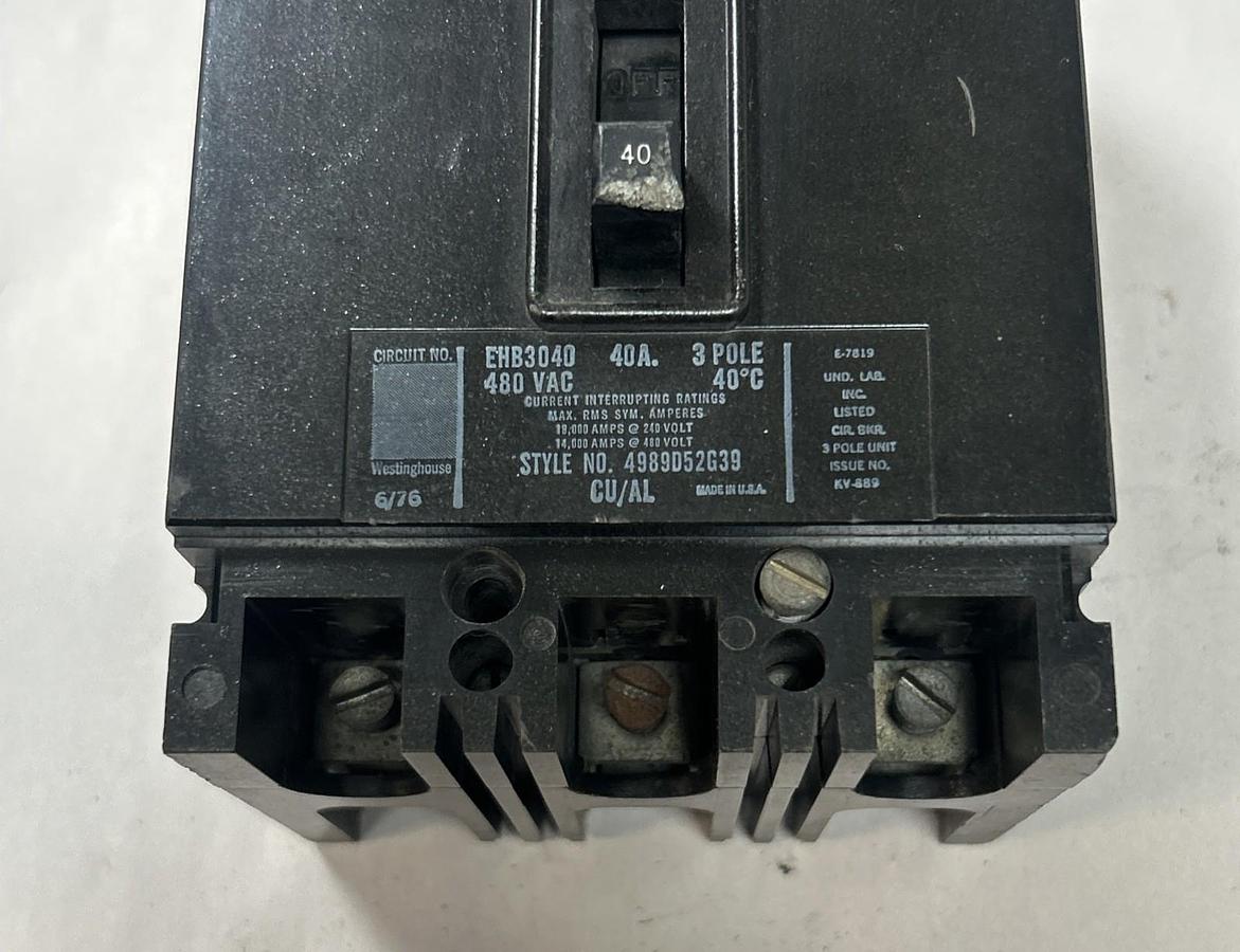 Used WESTINGHOUSE,EHB3040,CIRCUIT BREAKER 40A 480V 3P