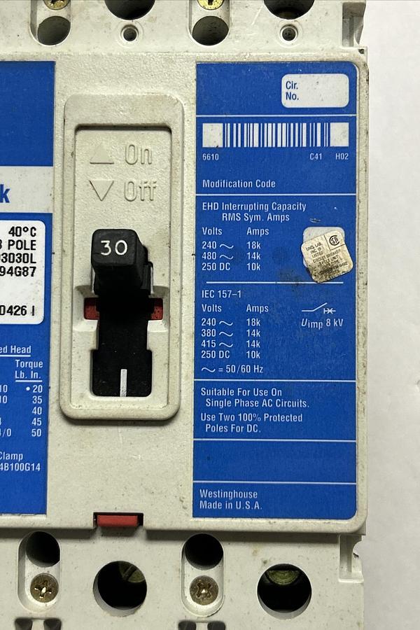 Used WESTINGHOUSE,EHD3030L,CIRCUIT BREAKER 30A 480V 3P