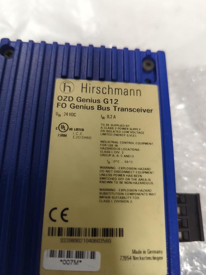 Used HIRSCHMANN,OZD GENIUS G12,FO GENIUS BUS TRANSCEIVER 24VDC 200mA PRE-OWNED