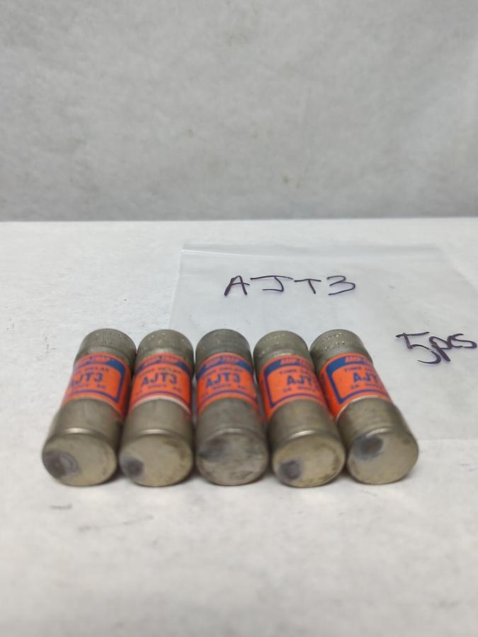 Used GOULD SHAWMUT,AJT3,AMP-TRAP 3 AMP FUSE LOT OF 5 PRE-OWNED