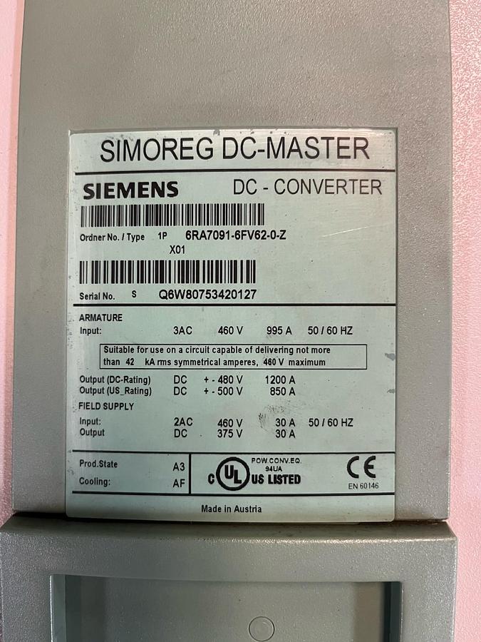 Used SIEMENS,6RA7091-6FV62-0-Z,SIMOREG DC CONVERTER DRIVE OUTPUT 1200 AMPS