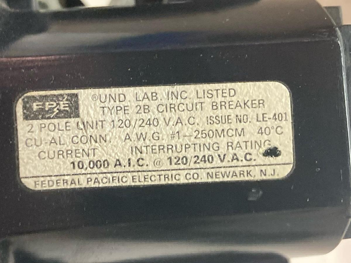 Used Federal Pacific,Type 2B125A,AL-CU Lug 2-Pole Main Circuit Breaker 120/240Vac