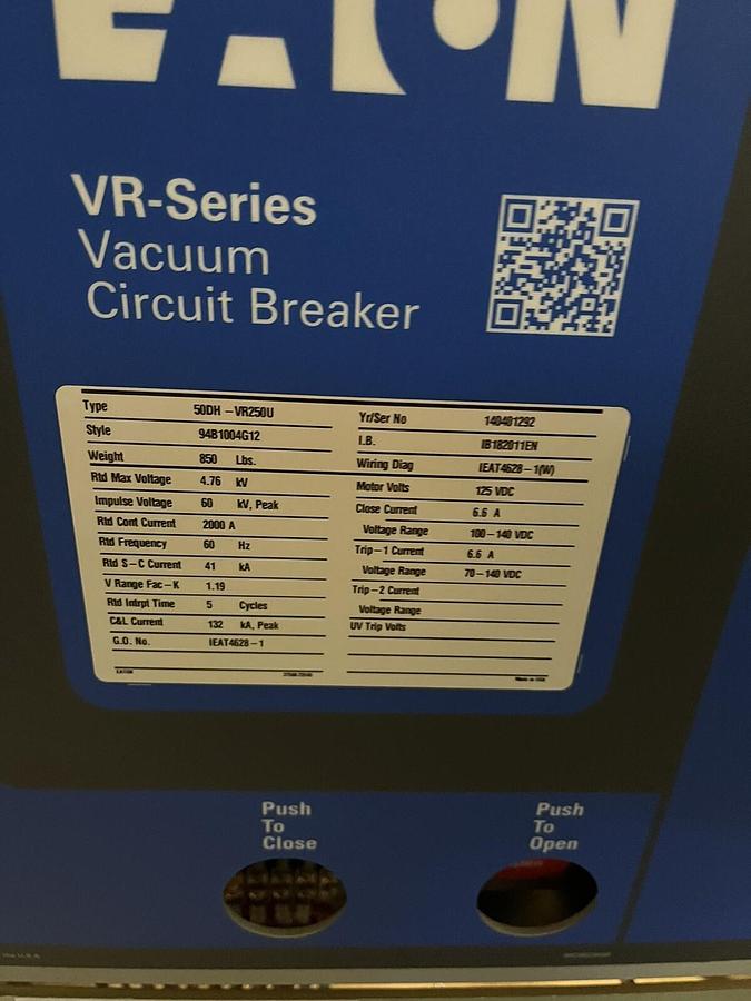 Used EATON,50DH-VR250U,VR 2000A VACUUM SERIES CIRCUIT BREAKER 119HRS!