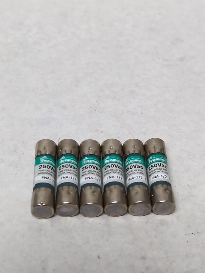 COOPER BUSSMANN,FNA 1/2,PIN-INDICATING 1/2 AMP FUSE LOT OF 6 NOS