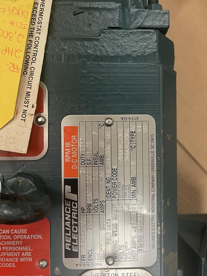 Used RELIANCE,C1812ATCZ,RPM III DC MOTOR 2HP 1150/2300RPM 240VDC