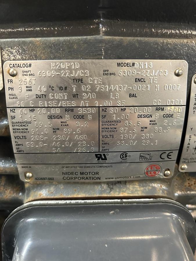 Used US MOTORS,H20P1D,HOSTILE DUTY MOTOR 20HP 3530RPM 460V 3PH 256T FRAME