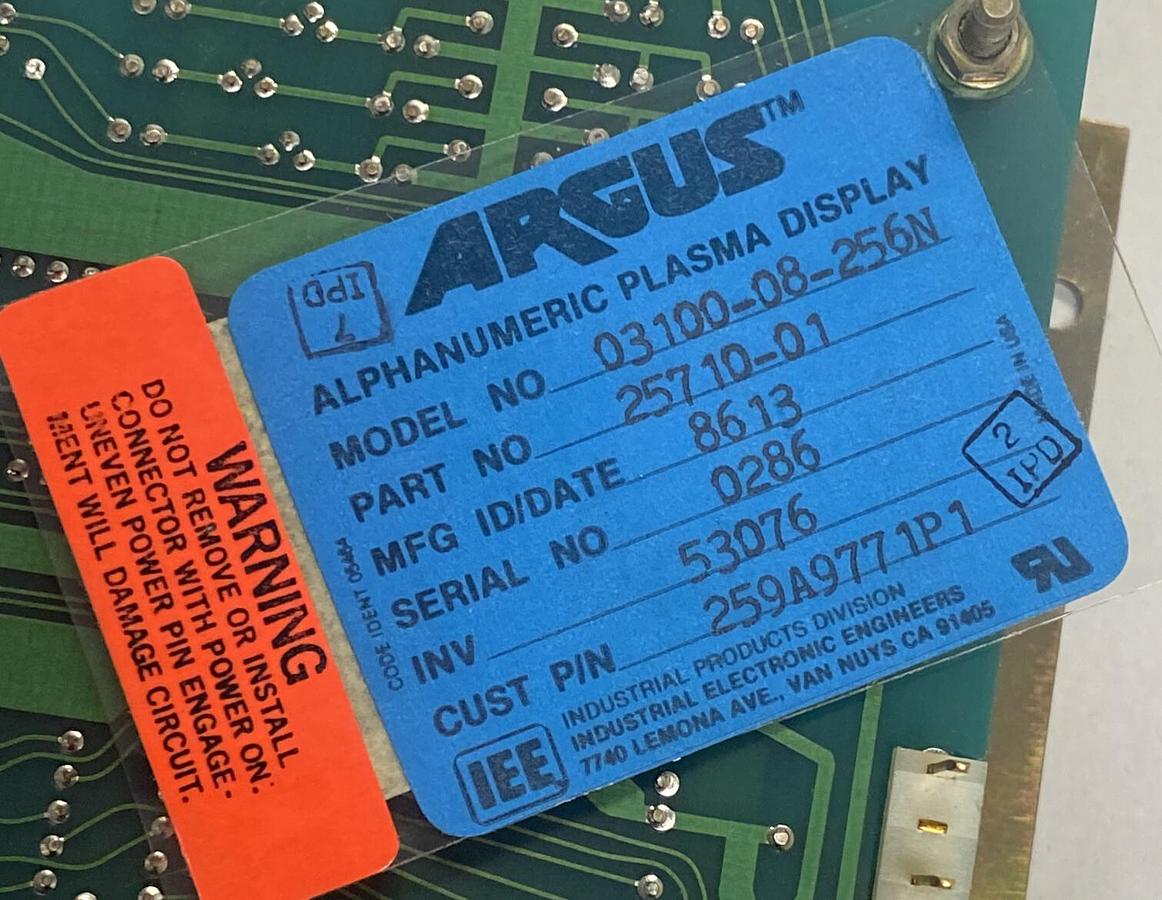 Used Argus,03100-08-256N / 25710-01,Alphanumeric Plasma Display