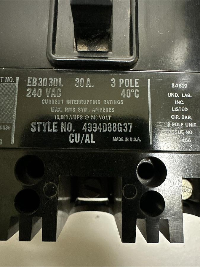 Westinghouse,EB3030L,3 Pole 30 Amp 240 VAC Circuit Breaker NEW