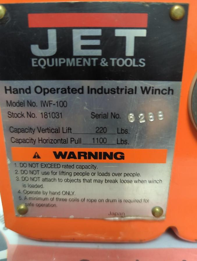 Used JET EQUIPMENT & TOOLS,IWF-100,HAND OPERATED INDUSTRIAL WINCH LIFT 200LBS