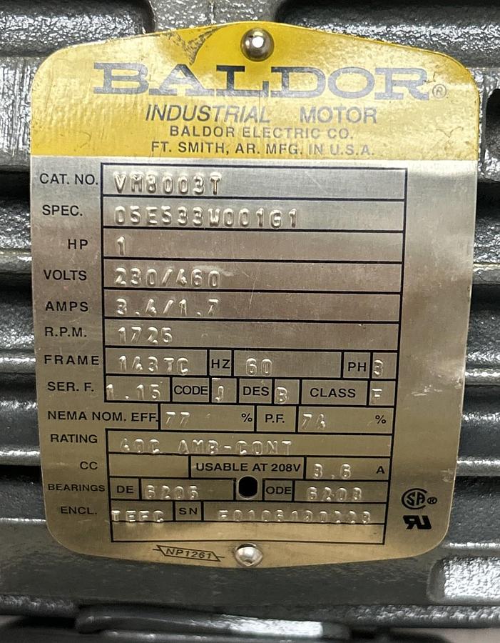 Used BALDOR,VM8003T,MOTOR 1HP 1725RPM 230/460V 145TC FRAME