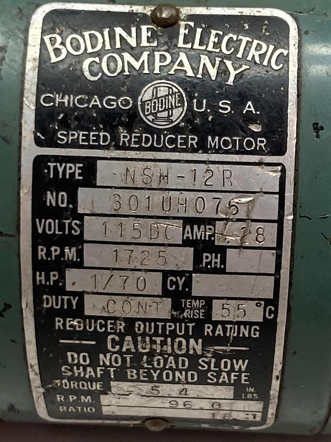 Used Bodine Electric Company,NSH-1R,Gear Motor 1/70HP 1725RPM 115VDC 0.28A
