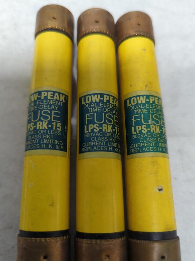 Used COOPER BUSSMANN,LPS-RK-15,LOW-PEAK 15AMP FUSE LOT OF 3 PRE-OWNED