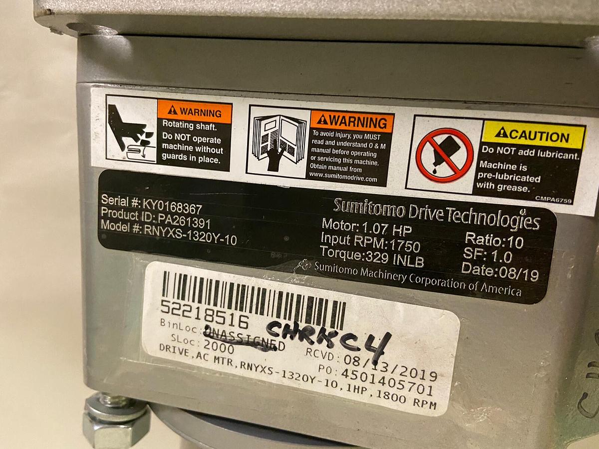 Sumitomo,RNYXS-1320Y-10,Gear Reducer Input 1.07Hp 1750RPM 329In-Lbs Ratio 10