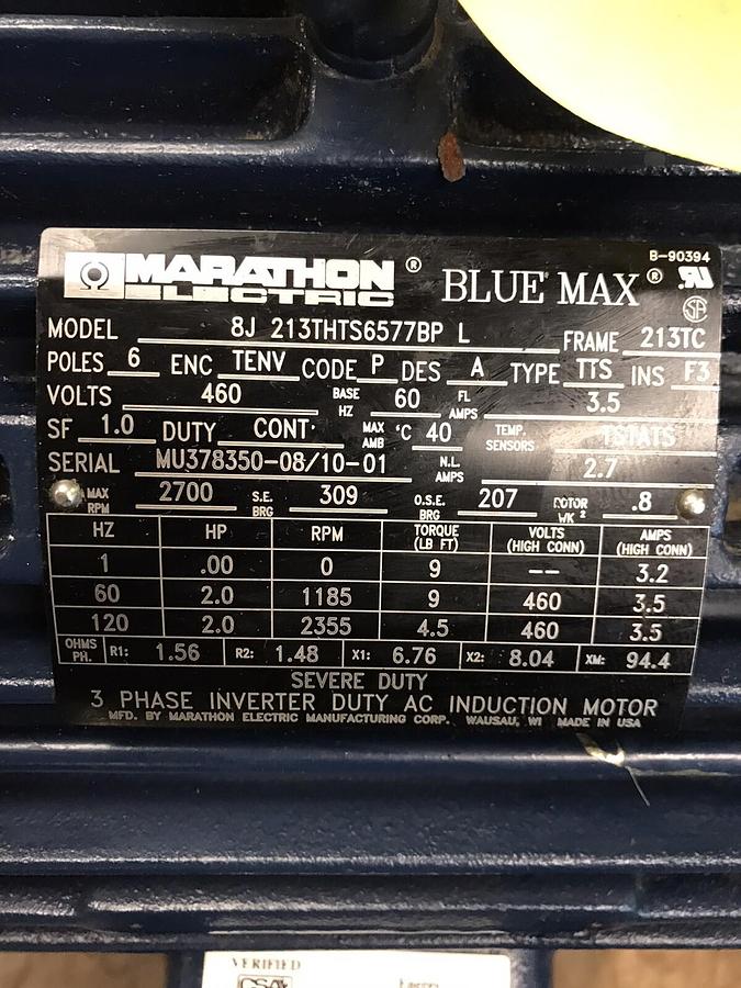 Marathon,2HP Induction,Motor 2700RPM 460V Fra 213TC 8J-213THTS6577BP-L