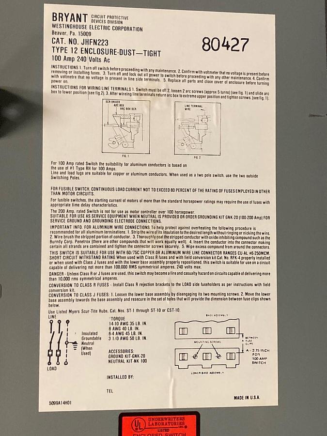 Used Westinghouse,JHFN223,Heavy Duty Disconnect Switch 100A 240AC