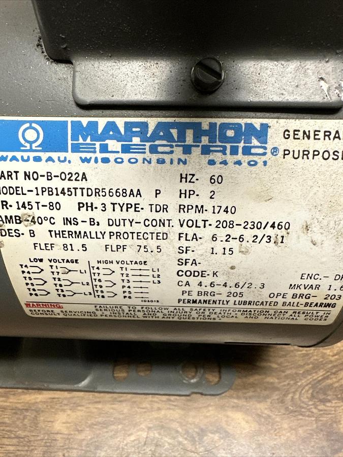 Used Marathon Electric,PB145TTDR5668AA,2HP 3PH 1740 RPM