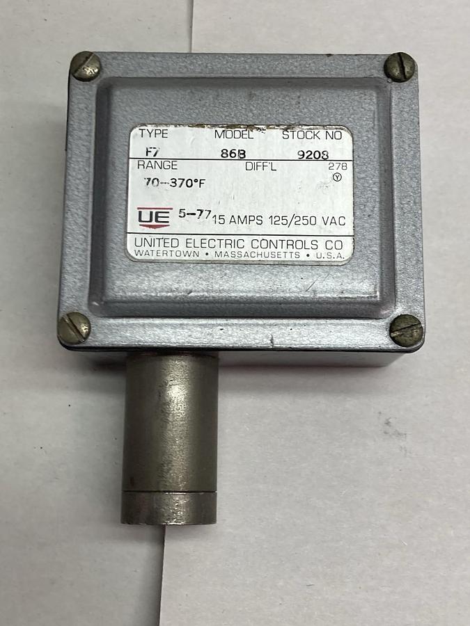 Used United Electric,Type F7 Model 86B,Pressure Switch 15A 125/250Vac 70-370 Degree