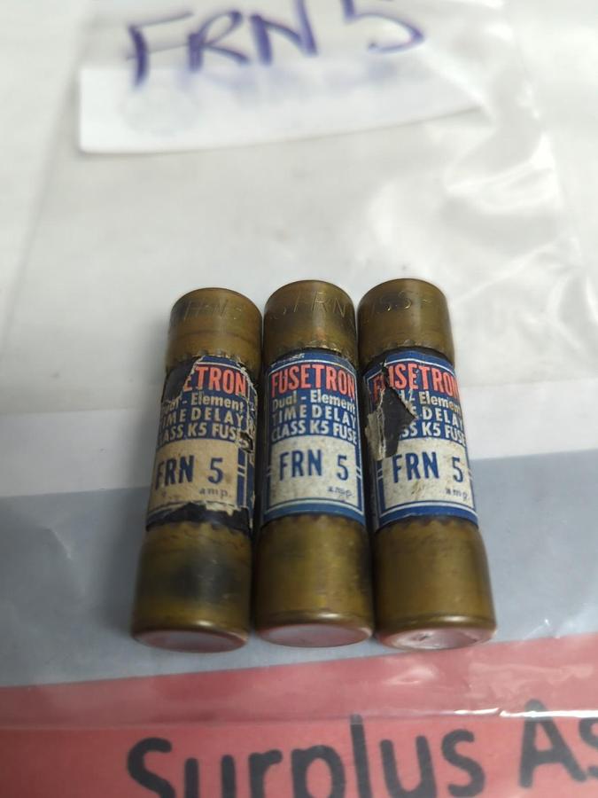 Used COOPER BUSSMANN,FRN-5,FUSETRON 5 AMP FUSE LOT OF 3 PRE-OWNED
