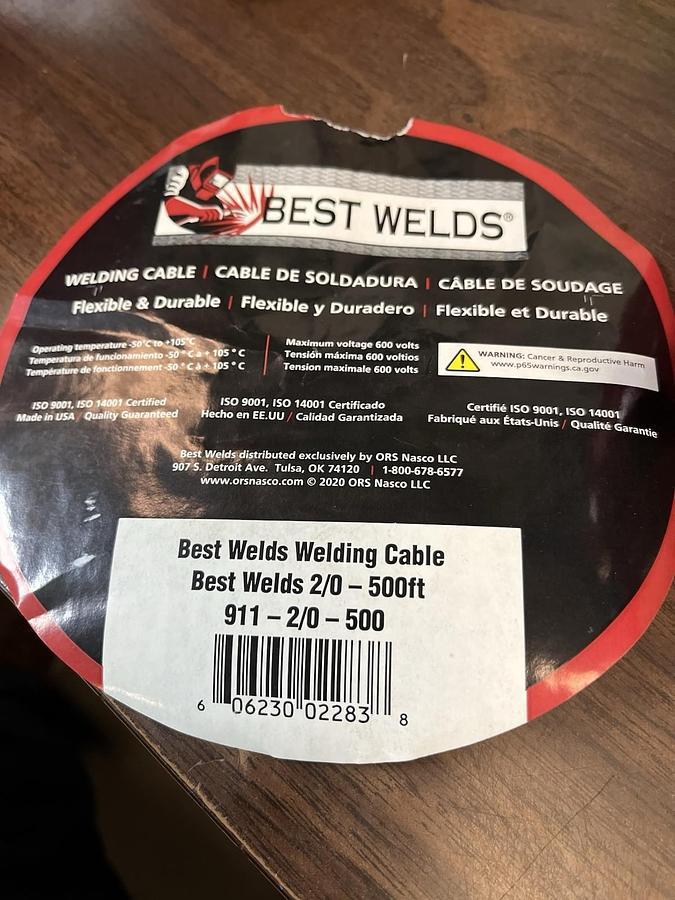 Used Best Welds,911-2/0-500,WELD CABLE 500' 2/0  600V