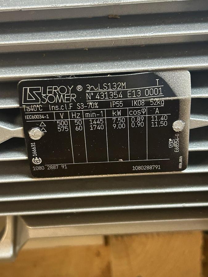 LEROY SOMER,LS132M,MOTOR 7.5/9.00KW 500-575V 1445/1740RPM 3PH
