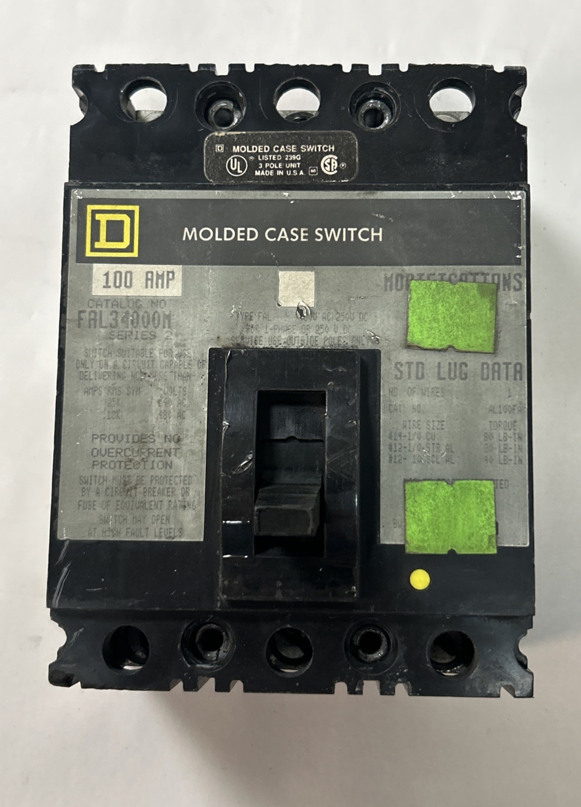 Used SQUARE D,FAL34000M,CIRCUIT BREAKER 100A 480V 3P