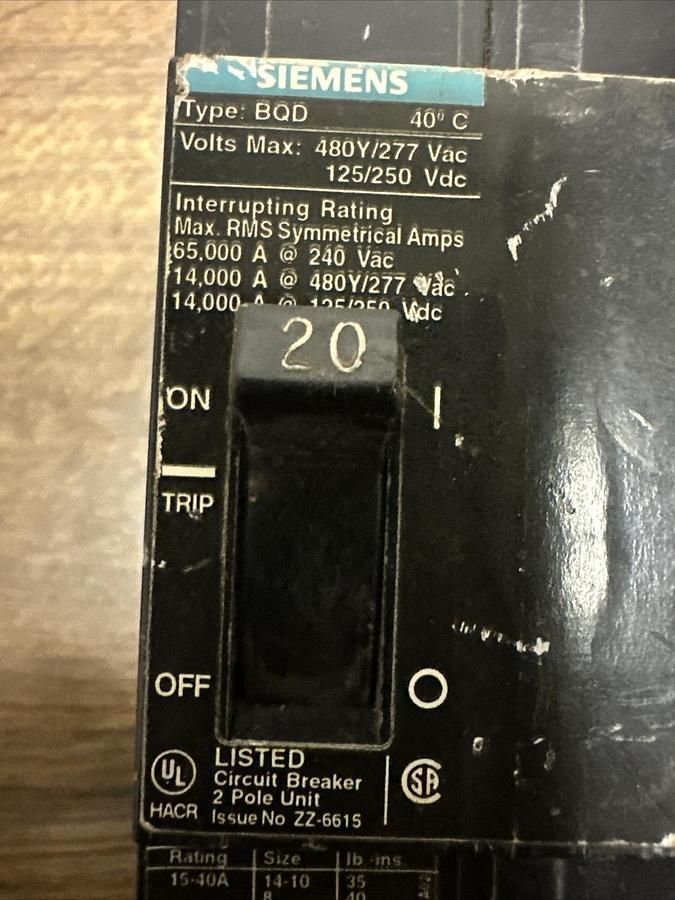 Used Siemens,BQD,20 Amp 2 Pole Circuit Breaker