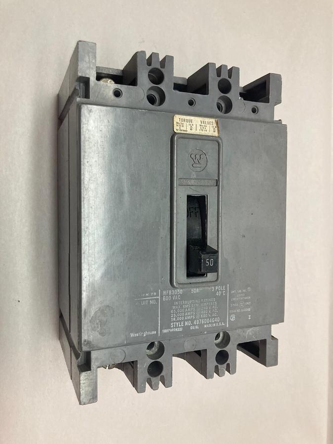 Used Westinghouse,HFB3050,3-Pole Circuit Breaker 50A 600Vac
