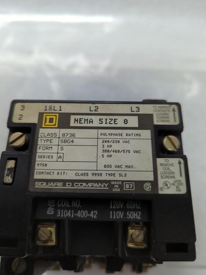 Used SQUARE D,8736SB04,MOTOR STARTER CONTACTOR 120V SIZE 0 PRE-OWNED