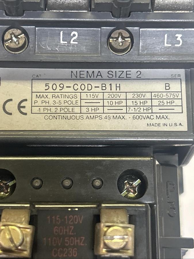 Used ALLEN BRADLEY,509-COD-B1H,SIZE 2 MOTOR STARTER 45A 600V