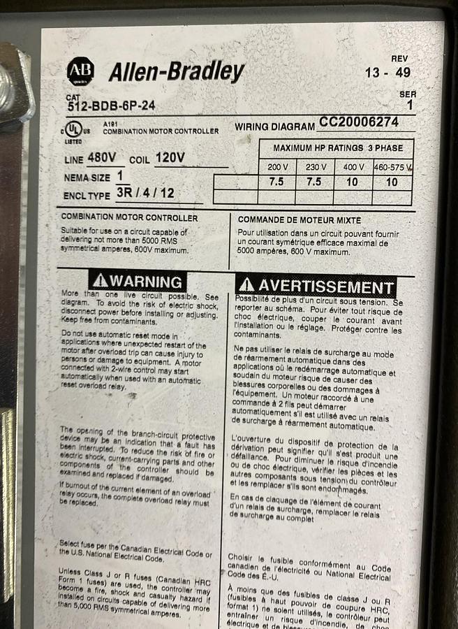 Used Allen Bradley,512-BDB-6P-24,Combination Starter Size 1 480V 120V Coil