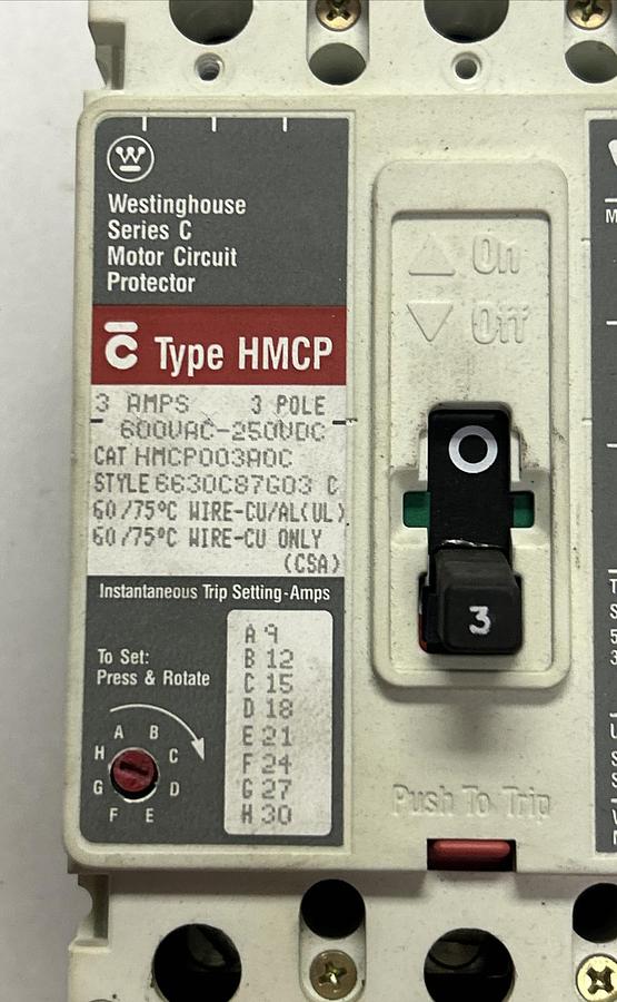 Used WESTINGHOUSE,HMCP003A0C,CIRCUIT BREAKER 3A 600V 3P