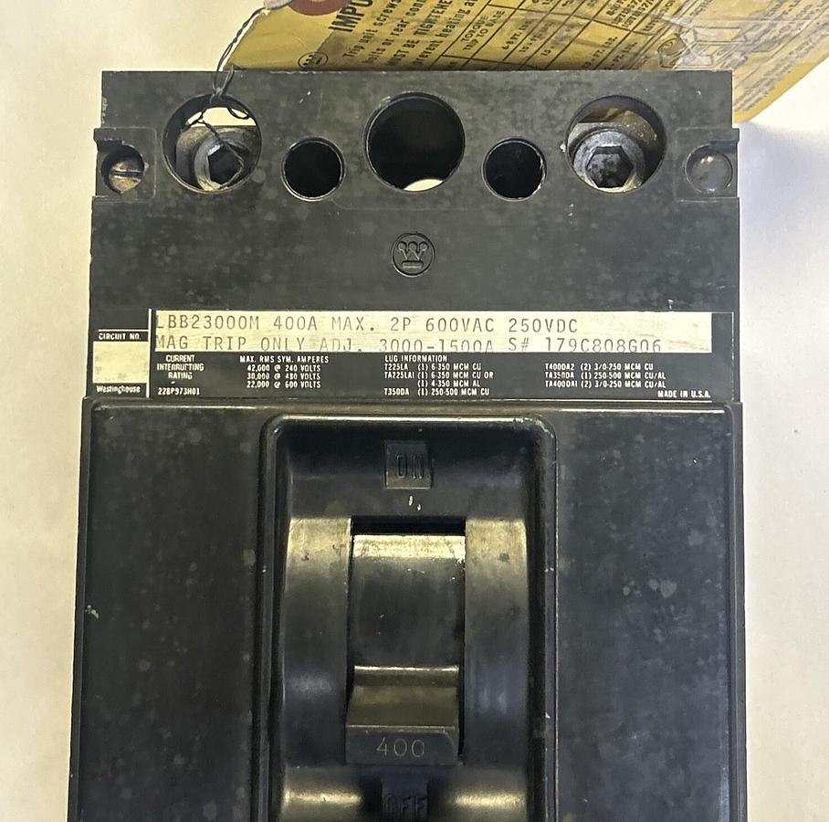 Used WESTINGHOUSE,LBB23000M,CIRCUIT BREAKER 400A 600V 2P