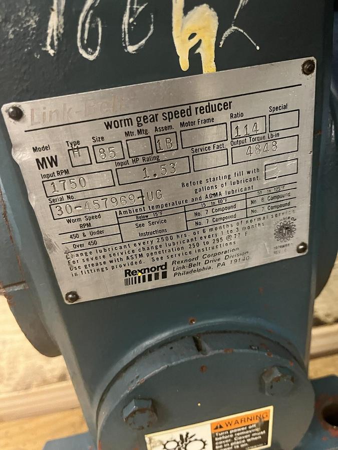 Used REXNORD LINK BELT,MW-H-85-1B,WORM GEAR SPEED REDUCER 114 RATIO 1.53HP 1750RPM