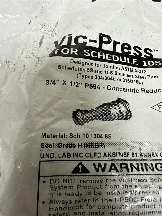 Used Vic-Press,P594,Concentric Reducer 3/4"x 1/2" SCH 10 304SS