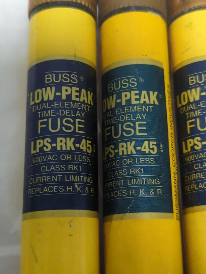 COOPER BUSSMANN,LPS-RK-45,LOW PEAK 45 AMP FUSES LOT OF 3 NOS