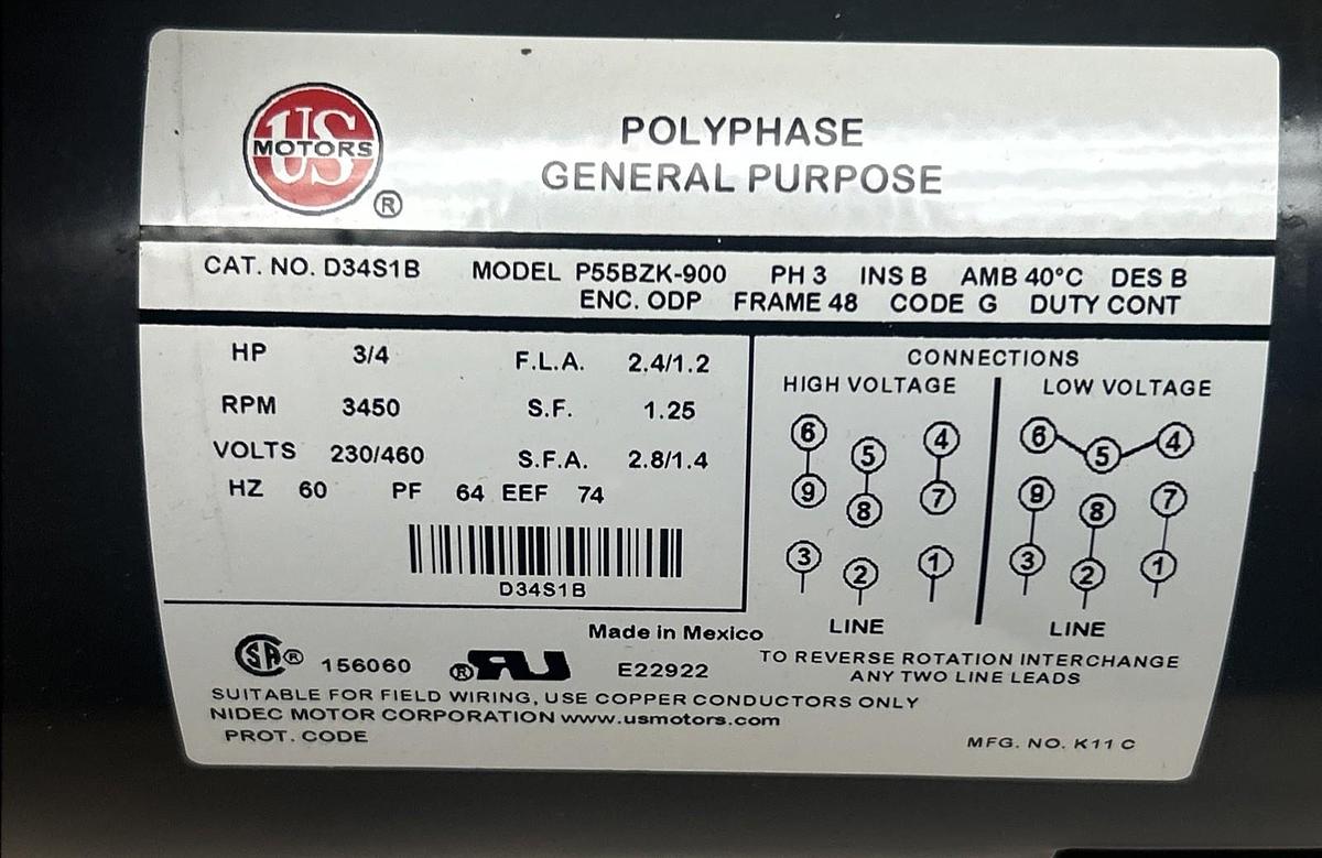US MOTORS,D34S1B,MOTOR 3/4HP 3450RPM 230/460V 3PH 48 FRAME