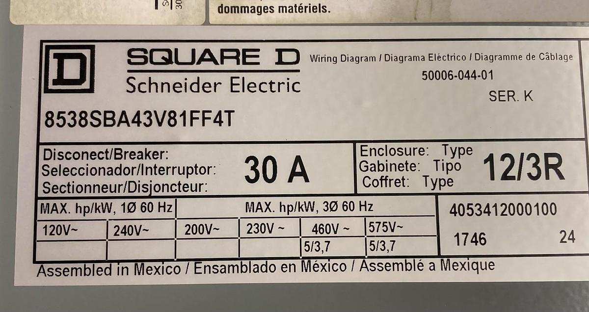 Square D,8538SBA43V81FF4T,Circuit Breaker 30A Type 12/3R 60Hz