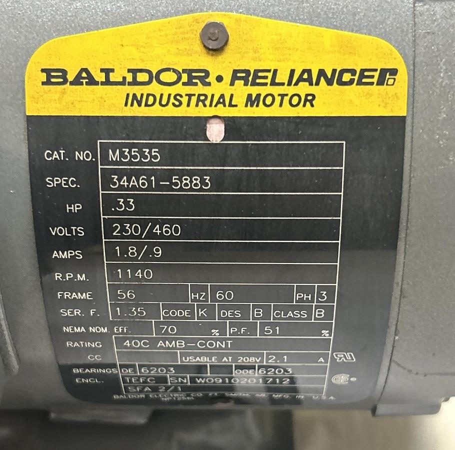 Used BALDOR,M3535,MOTOR 1/3HP 1140RPM 230/460V 3PH 56 FRAME