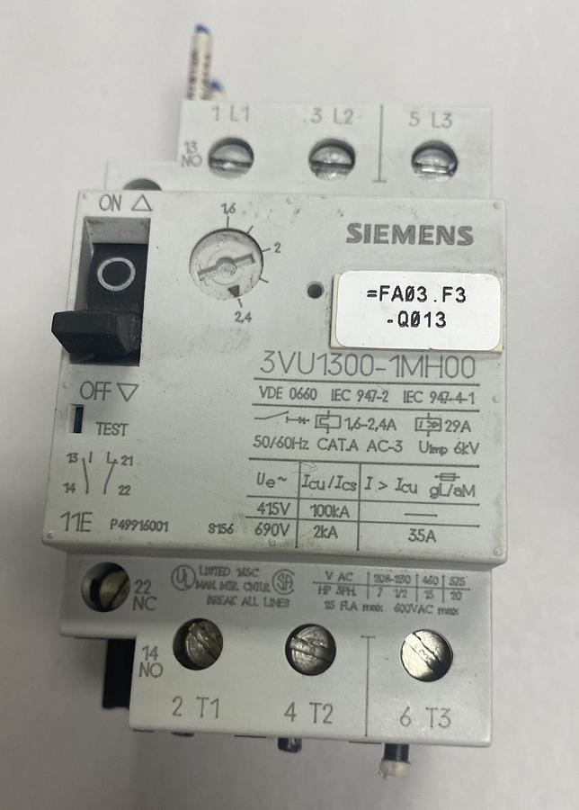 Used Siemens,3VU1300-1MH00,Motor Starter Protector 1.6-2.4 Amp Lot Of 4
