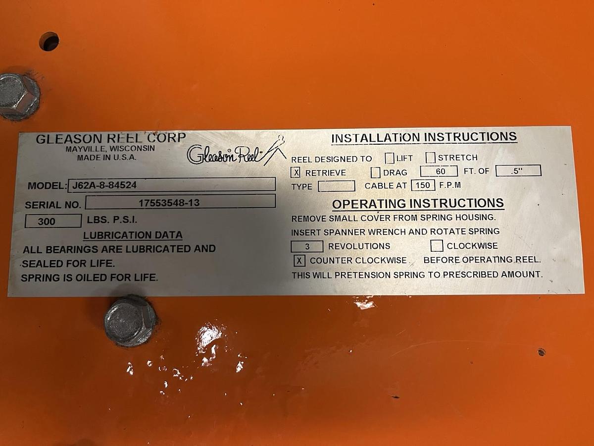Gleason reel,J62A-94524,LIFT HOSE REEL 60FT OF 1/2" AT 150 FPM SEE DESCRIPTION