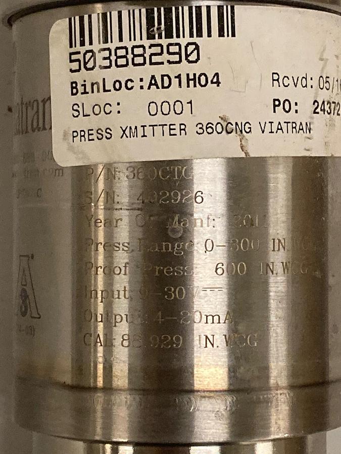 Viatran,360CNG,Pressure Transducer 9-30VDC 4-20MA 0-100IN WCG