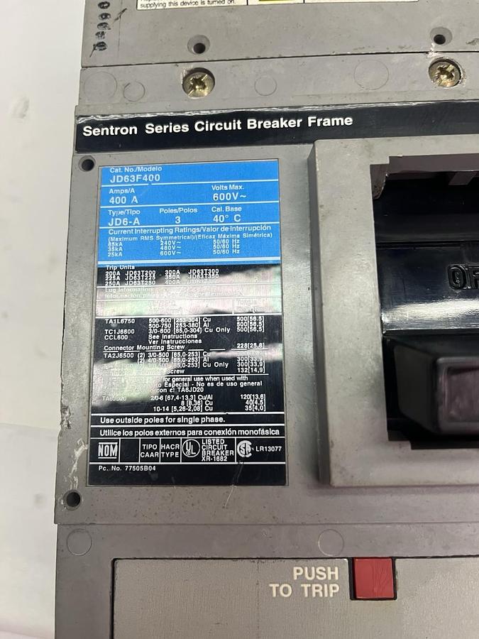 Used SIEMENS,JD63F400,SENTRON CIRCUIT BREAKER 200A 600V 3P