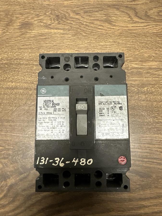 Used GE,TED134080,80 Amp 480 VAC 250 VDC 3 Pole Circuit Breaker