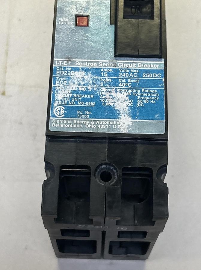 Used ITE SIEMENS,ED22B015,CIRCUIT BREAKER 15A 240V 2P