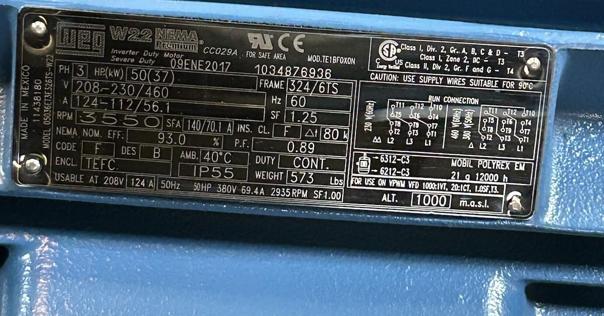 WEG,05036ET326TS-W22,MOTOR 50HP 3550RPM 460V 3PH 324/6TS FRAME