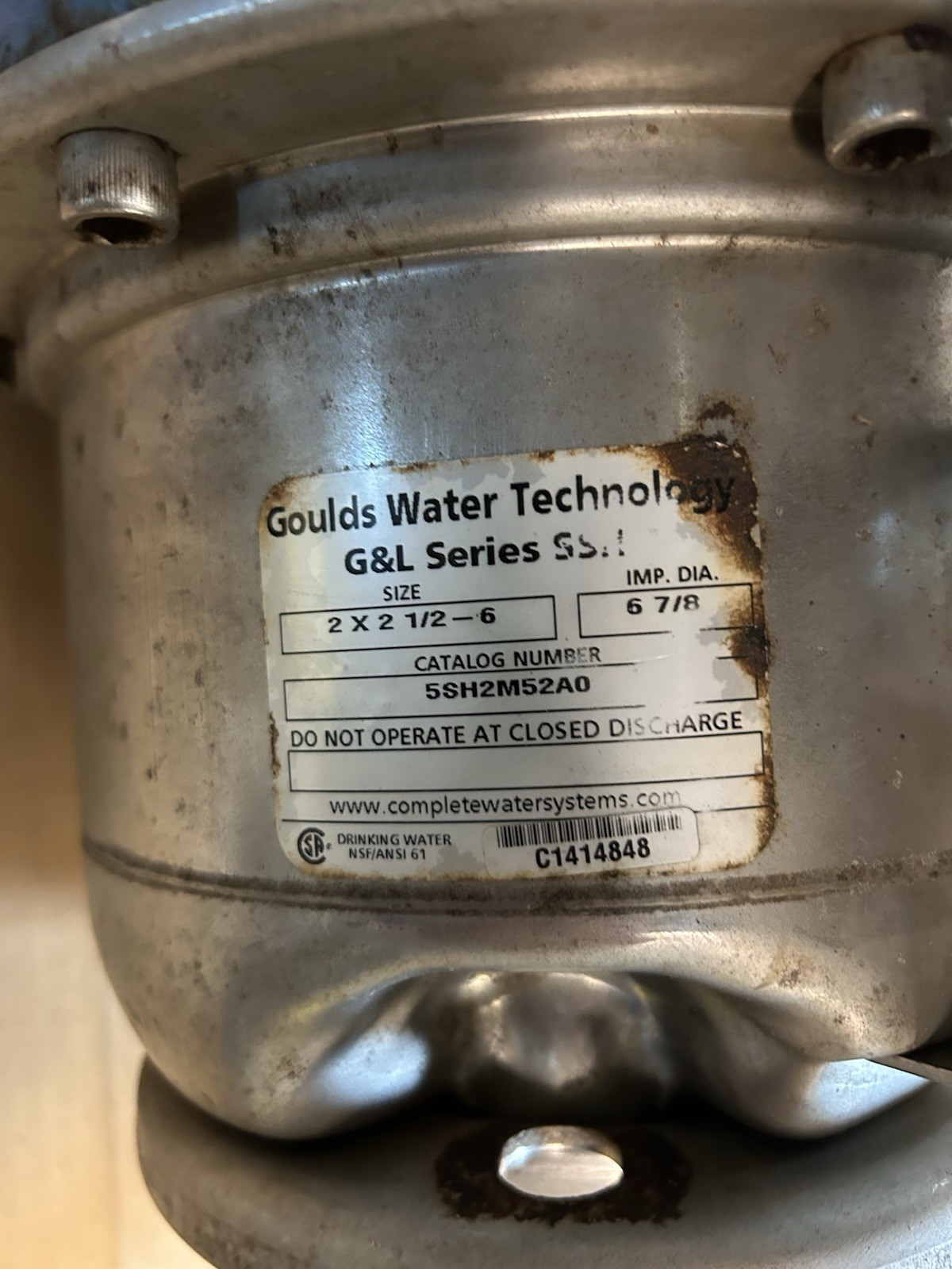 Used GOULDS,5SH2M52A0,CENTRIFUGAL PUMP 2X2-1/2-6 IMPELLER 6-7/8INCH 15HP 3480RPM 3PH