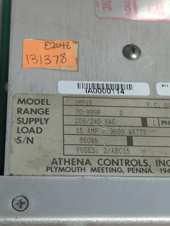 Used ATHENA,IMP15,TEMPERATURE CONTROLLER 208/240VAC 15 AMP PRE-OWNED